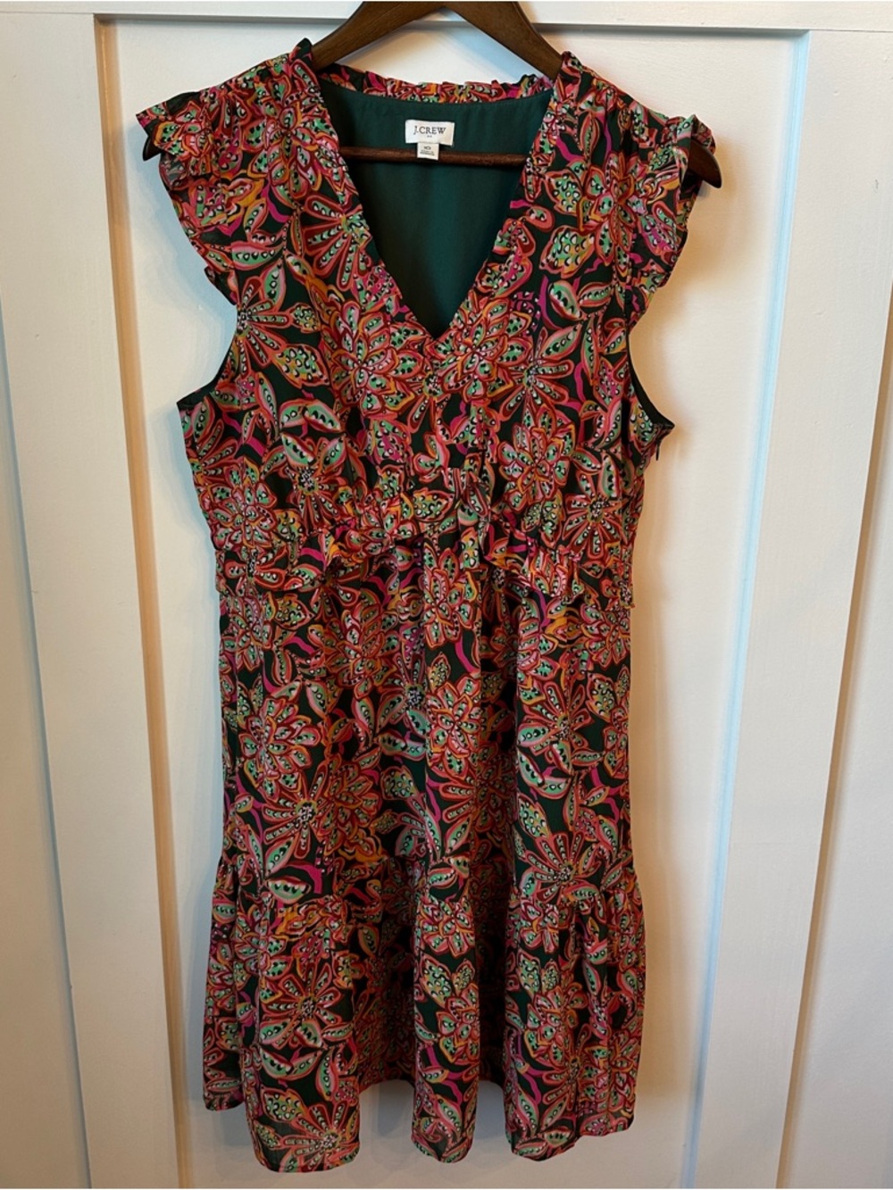 J. Crew Green Paisley V-Neck Blouse with Pink & Orange Accents - Picture 2 of 5